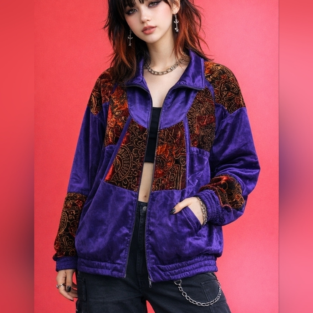 LAVON 1980s Oversized Velvet Patchwork Kidcore Swishy Track Jacket